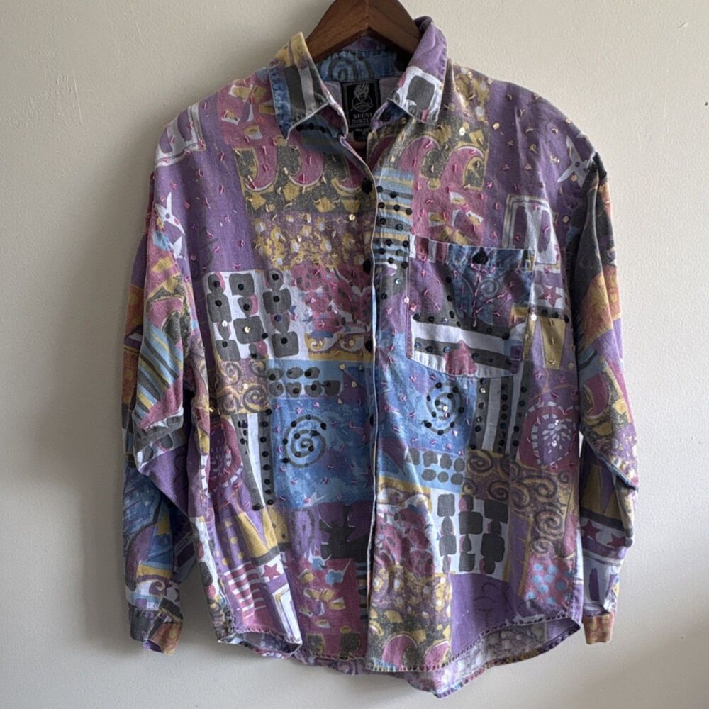 Vintage 90s Abstract Sequin Button Up Shirt Art To Wear Cotton Purple Oversized